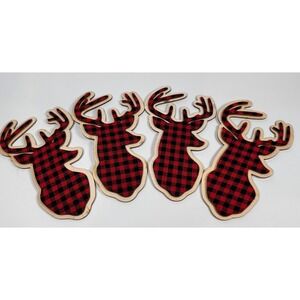 Wooden Deer Buffalo Plaid Gift Decoration Peel and Stick Embelishments‎ Set of 4
